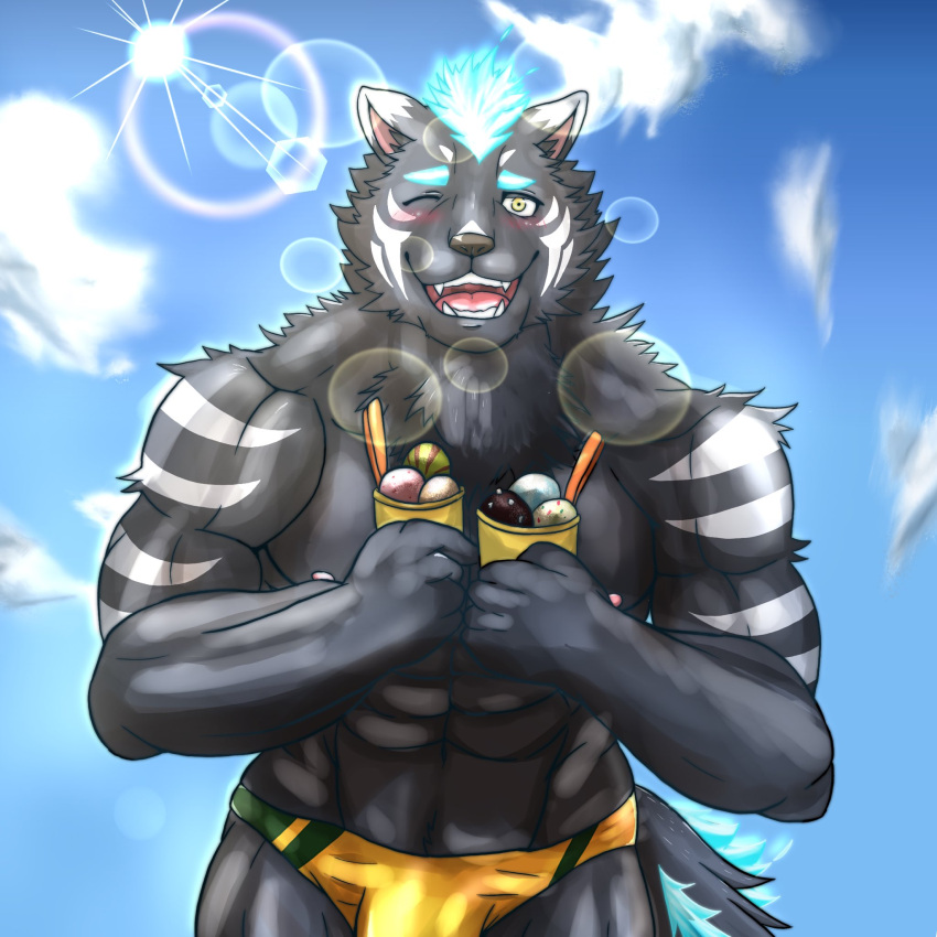 abs anthro biceps black_body black_fur blush bulge clothing fire flaming_hair flaming_mane fur furlong_(live-a-hero) hi_res hyaenid lifewonders live-a-hero male mammal one_eye_closed pecs pseudo_hair pseudo_mane solo speedo swimwear video_games wink yom_mido_plus