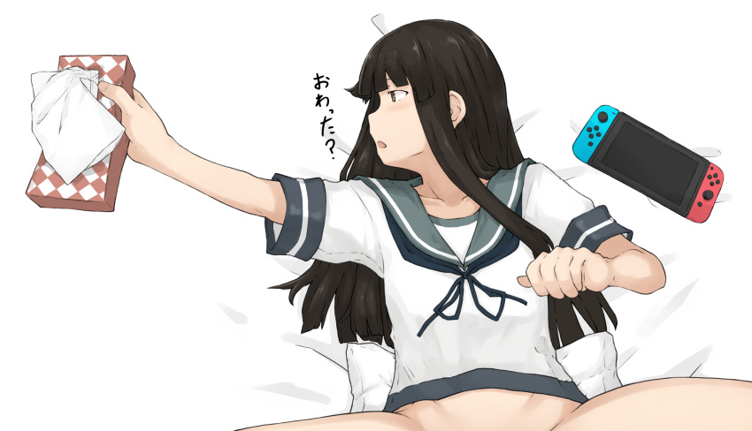 1girl bangs black_hair blunt_bangs bottomless brown_eyes chagamaka hatsuyuki_(kancolle) highres hime_cut implied_masturbation kantai_collection long_hair lying nintendo_switch on_back out-of-frame_censoring pillow school_uniform serafuku sidelocks solo tissue_box translation_request