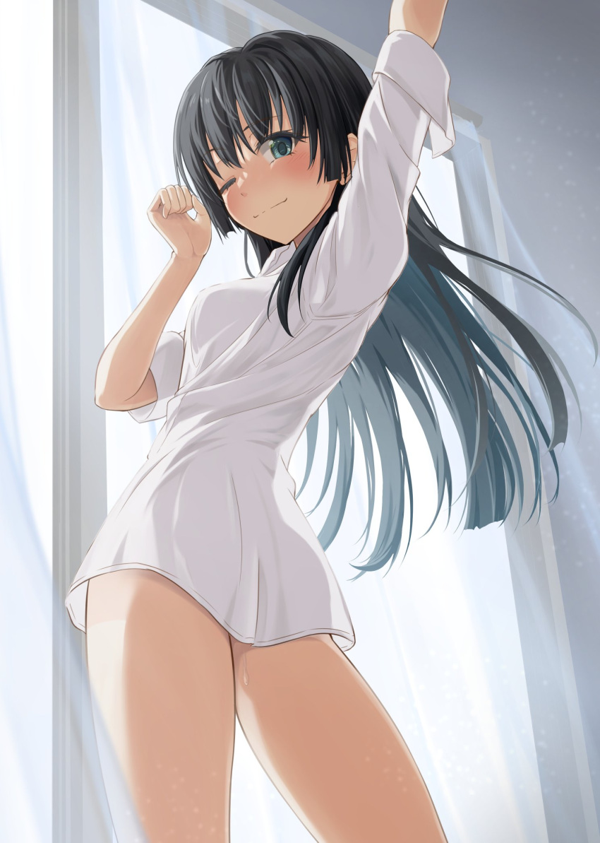 1girl arm_up bangs bare_legs black_hair blush closed_mouth flower hair_flower hair_ornament highres k3rd long_hair looking_at_viewer one_eye_closed saten_ruiko shirt solo toaru_kagaku_no_railgun toaru_majutsu_no_index white_shirt window