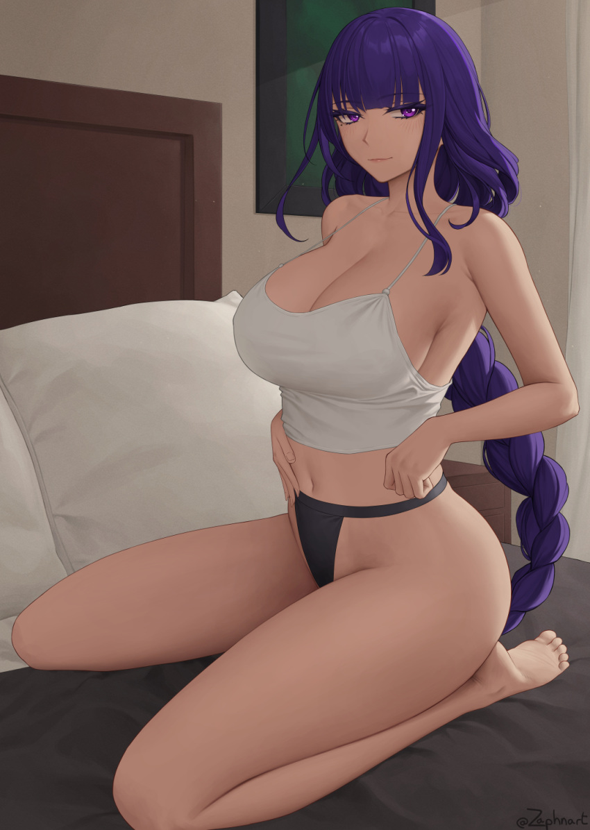 1girl bangs bare_shoulders bed black_panties blush braid braided_ponytail breasts camisole cleavage collarbone genshin_impact highres large_breasts long_hair looking_at_viewer mole mole_under_eye navel on_bed panties pillow purple_eyes purple_hair raiden_shogun seiza sitting smile solo thighs underwear very_long_hair white_camisole zaphn