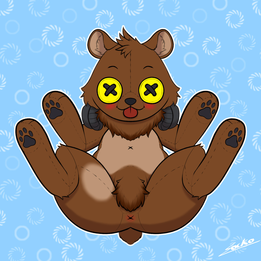2022 animate_inanimate anthro anus bearphones blue_background blush brown_bear brown_body brown_fur button_eyes countershading crotch_tuft doll fur grizzly_bear headphones hi_res living_doll male mammal navel neck_tuft nude pattern_background pawpads signature simple_background sockodrawing solo spread_legs spreading tongue tongue_out tuft ursid ursine x_anus