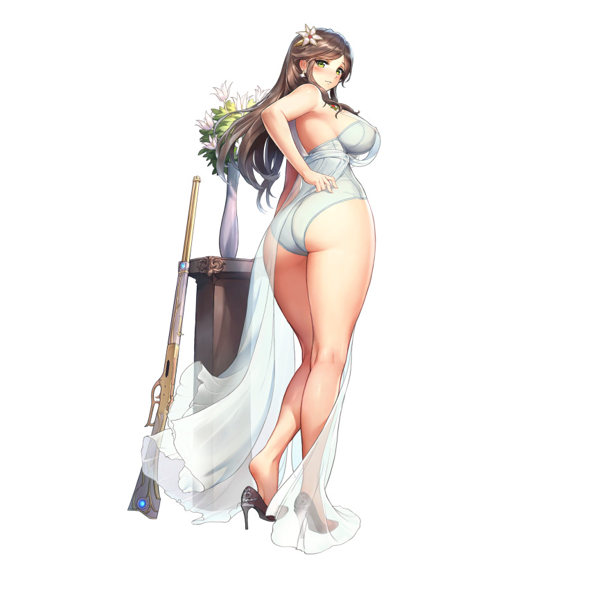 1girl ass back bangs bare_shoulders blush breasts constantia_s2 dress earrings feet flower full_body game_cg green_eyes grin gun hair_flower hair_ornament hand_on_hip heel_pop high_heels highres jewelry kakiman large_breasts last_origin leotard long_hair looking_at_viewer official_art revealing_clothes rifle see-through sleeveless sleeveless_dress smile solo tachi-e thick_thighs thighs transparent_background vase weapon wedding_dress white_dress white_leotard winchester_model_1887