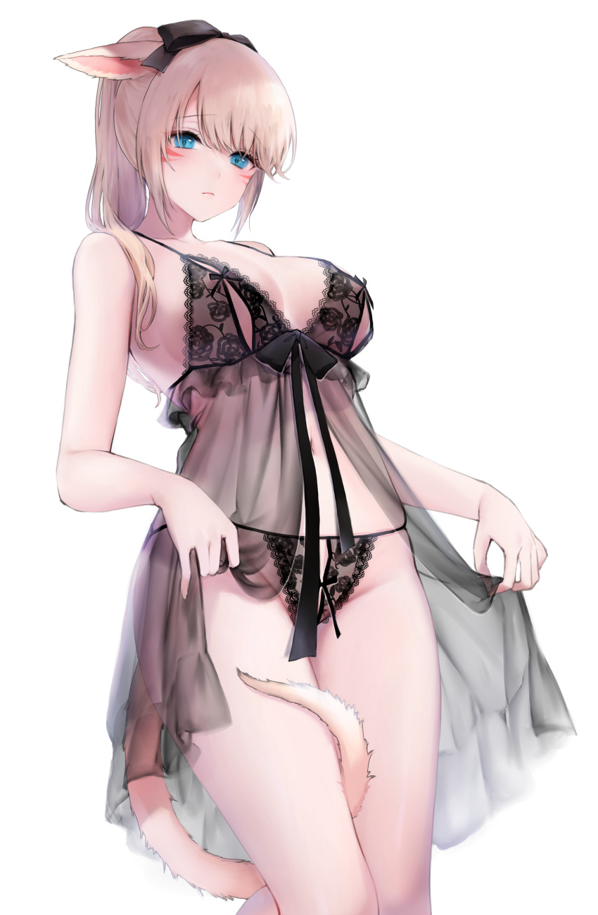 1girl absurdres animal_ears bangs blue_eyes blunt_bangs bow breasts cat_ears cat_tail commentary_request facial_mark final_fantasy final_fantasy_xiv floral_print hair_bow highres kurosawa_itsuki lingerie long_hair miqo'te navel nightgown nightgown_lift panties ponytail simple_background slit_pupils solo tail tail_around_leg underwear white_background