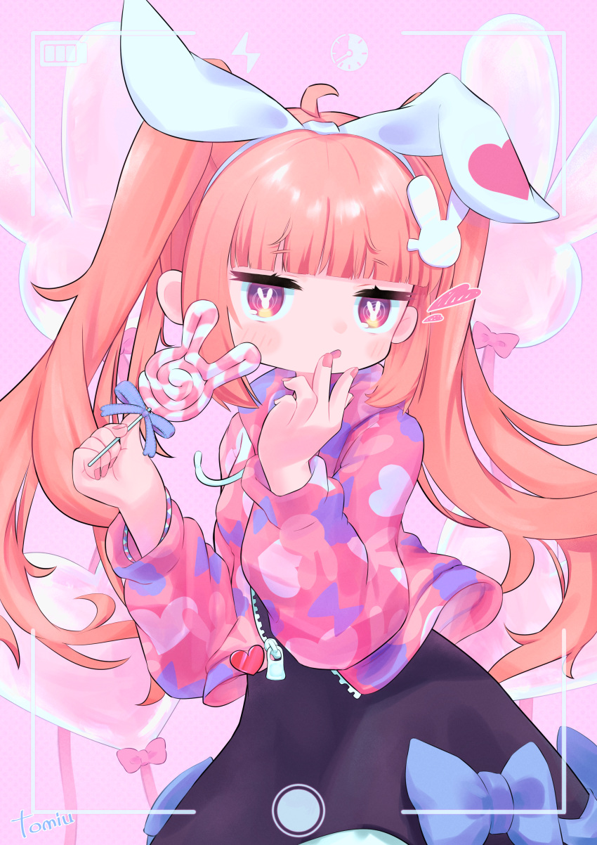 1girl absurdres bangs black_skirt blue_bow blunt_bangs bow bunny_hair_ornament candy denonbu dress_bow food hair_bow hair_ornament heart highres jacket lollipop long_hair orange_hair pink_background pink_eyes pink_jacket pink_nails skirt symbol-shaped_pupils twintails viewfinder white_bow zipper