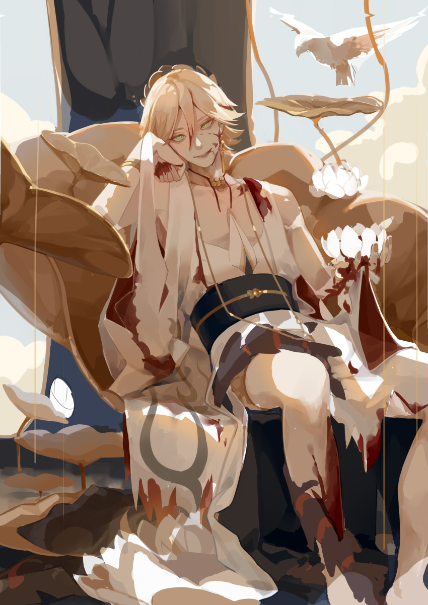 1boy absurdres arm_support arm_up bare_pectorals bishounen blonde_hair blood blood_on_clothes blood_on_face bracelet flower full_body green_eyes hair_between_eyes highres japanese_clothes jewelry long_sleeves looking_at_viewer lotus male_focus onmyoji pectorals shiwu25570 sitting solo taishakuten_(onmyoji) white_flower white_lotus wide_sleeves