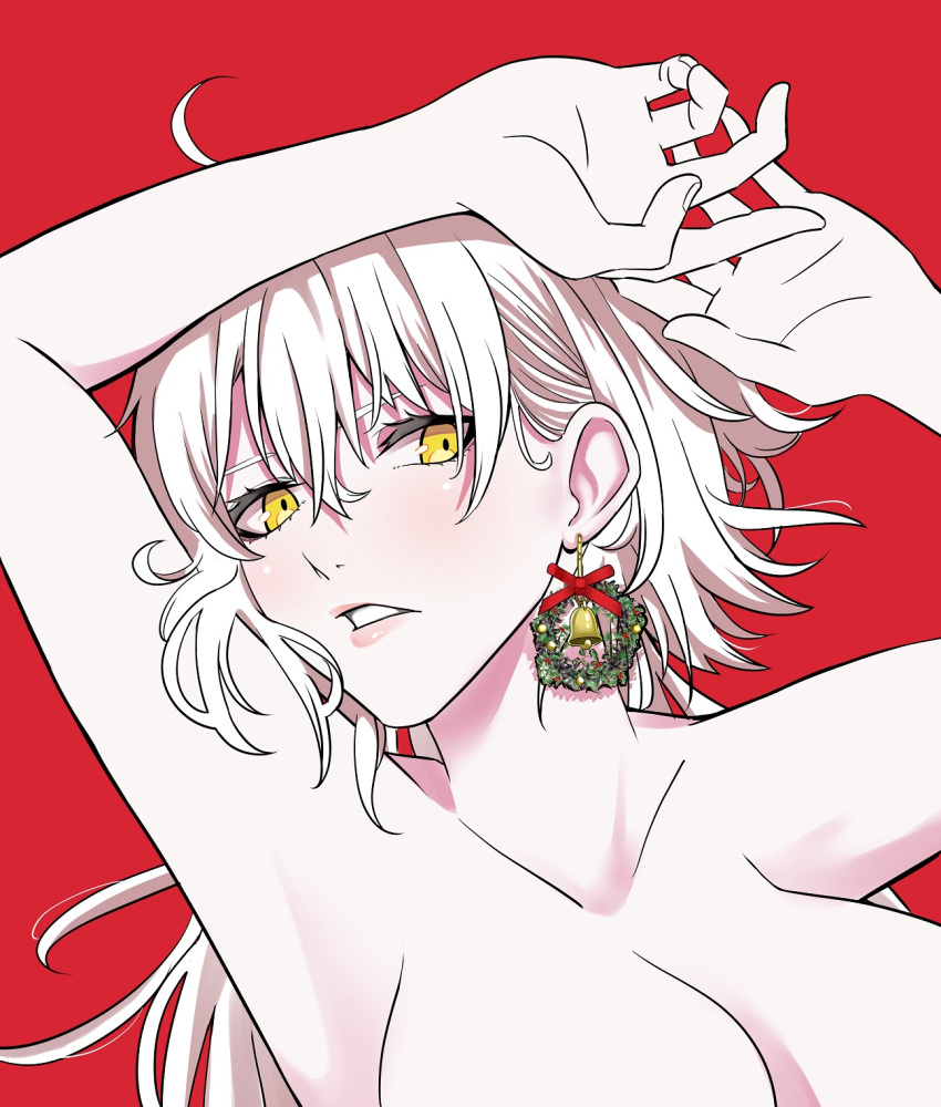 1girl earrings fate/grand_order fate_(series) highres jeanne_d'arc_alter_(fate) jewelry lips long_hair nude red_background simple_background solo tomotomow00w white_hair yellow_eyes