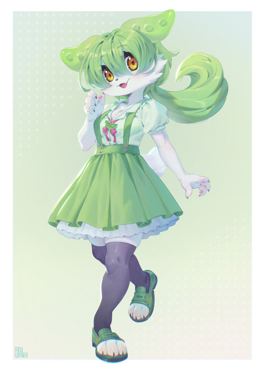 2022 anthro anthrofied aruurara clothing dress female footwear fur green_hair hair hi_res legwear open_toe_footwear open_toe_shoes sandals solo thigh_highs voicevox white_body white_fur zundamon