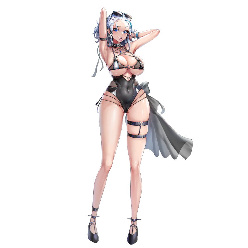 1girl areola_slip armpits ass_visible_through_thighs asymmetrical_bikini asymmetrical_clothes bikini blue_eyes blue_hair bracelet breasts bumcha collar covered_navel covered_nipples cross cross_earrings ear_piercing earrings eyewear_on_head full_body hair_ornament hand_in_own_hair heart high_heels highres hoop_earrings huge_breasts jewelry last_origin long_hair looking_at_viewer mole mole_on_thigh multicolored_hair o-ring o-ring_bikini official_alternate_costume official_art open_mouth piercing raised_eyebrow see-through skindentation skull_earrings smile solo sonia_of_devastation spiked_bracelet spiked_collar spiked_footwear spikes streaked_hair string_bikini sunglasses swimsuit tachi-e thigh_strap transparent_background tying_hair watch white_hair