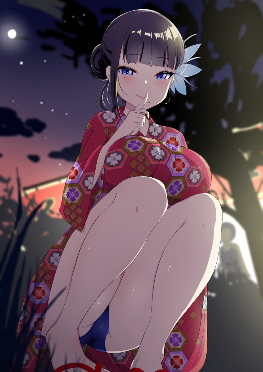 1girl ass bangs black_hair blue_panties blunt_bangs blush breasts cameltoe closed_mouth evening finger_to_mouth flower from_below grass hair_bun hair_flower hair_ornament highres index_finger_raised japanese_clothes kimono large_breasts legs looking_at_viewer mole mole_under_eye mole_under_mouth original outdoors panties red_kimono sakamata shushing smile solo_focus squatting star_(sky) tabi tree underwear yukata