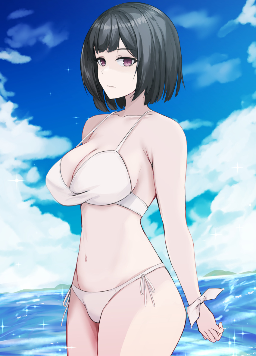 1girl absurdres bare_shoulders bikini black_hair bob_cut breasts cleavage collarbone expressionless girls'_frontline highres large_breasts looking_at_viewer looking_to_the_side navel official_alternate_costume purple_eyes rodelero_(girls'_frontline) scourer_14 side-tie_bikini solo swimsuit