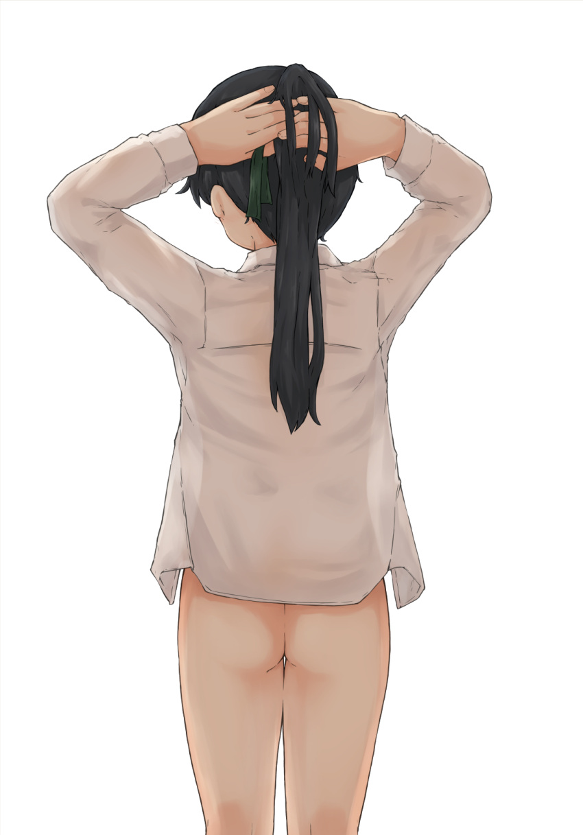 1girl ass backlighting black_hair bottomless chagamaka collared_shirt flat_ass from_behind highres houshou_(kancolle) kantai_collection ponytail see-through see-through_shirt shirt solo tying_hair white_shirt