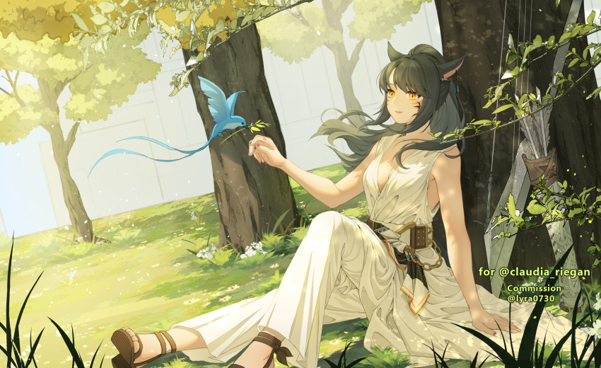 1girl arrow_(projectile) avatar_(ff14) bangs black_hair blue_bird bow_(weapon) breasts cleavage commission facial_mark final_fantasy final_fantasy_xiv highres long_hair lyra-kotto medium_breasts miqo'te outdoors ponytail quiver sitting slit_pupils solo tree weapon whisker_markings yellow_eyes