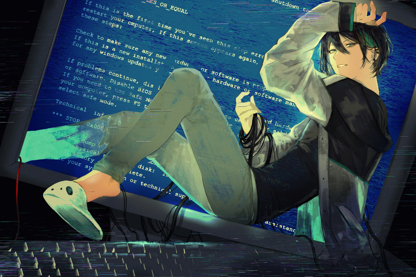 1boy absurdres black_hair black_jacket black_shirt blue_eyes blue_hair blue_screen_of_death cable from_side grey_jacket grey_pants hair_behind_ear hair_between_eyes highres irorigumi jacket mayuzumi_kai multicolored_clothes multicolored_hair multicolored_jacket nijisanji pants parted_lips shirt sitting slippers solo streaked_hair through_screen