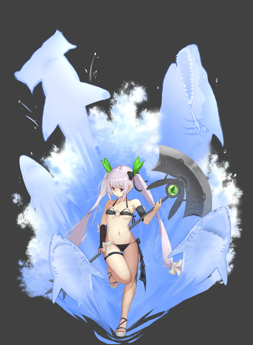 1girl assault_lily asymmetrical_sleeves bangs bare_legs bare_shoulders bikini black_bikini black_bow bow bow_bikini breasts commentary_request detached_sleeves fish_request fuujin_(windust_michio) grey_background grey_hair groin hair_bow hair_ornament halter_top halterneck hammerhead_shark hand_up highres holding holding_polearm holding_weapon leaf_hair_ornament leg_up long_hair looking_away micro_bikini miriam_hildegard_von_gropius navel o-ring o-ring_bikini o-ring_top parted_lips pink_eyes polearm sandals shark sidelocks sleeve_bow sleeves_past_wrists small_breasts solo standing standing_on_one_leg stomach swimsuit thigh_strap twintails underboob uneven_sleeves v-shaped_eyebrows very_long_hair water water_drop weapon weapon_behind_back white_bow white_footwear