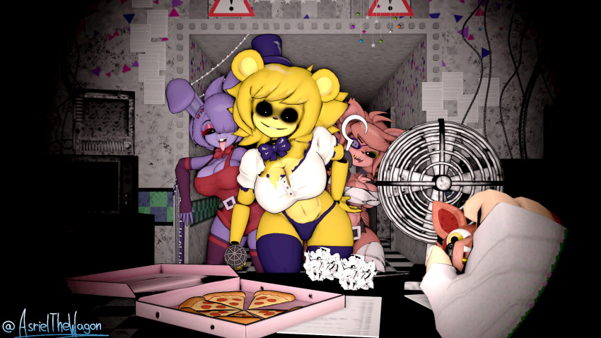 3d_(artwork) animatronic anthro bonnie_(cally3d) bonnie_(fnaf) breasts clothing digital_media_(artwork) eye_patch eyewear female five_nights_at_freddy's five_nights_at_freddy's_2 foxy_(cally3d) foxy_(fnaf) freddy_(fnaf) fredina_(cally3d) golden_freddy_(fnaf) group hair hi_res machine robot scottgames scout_(team_fortress_2) smile source_filmmaker team_fortress_2 valve video_games