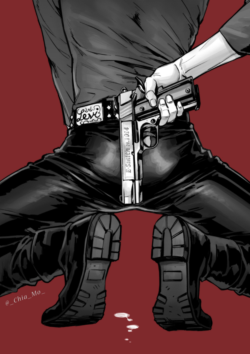1boy arm_behind_back ass belt blood blood_on_ground boots bow character_name chiamo_(lmc_clm) from_behind greyscale_with_colored_background gun handgun head_out_of_frame highres holding holding_gun holding_weapon kneeling levi_(shingeki_no_kyojin) long_sleeves lower_body male_focus monochrome pants red_bow shingeki_no_kyojin shirt shoe_soles solo tight tight_pants tight_shirt trigger_discipline twitter_username weapon