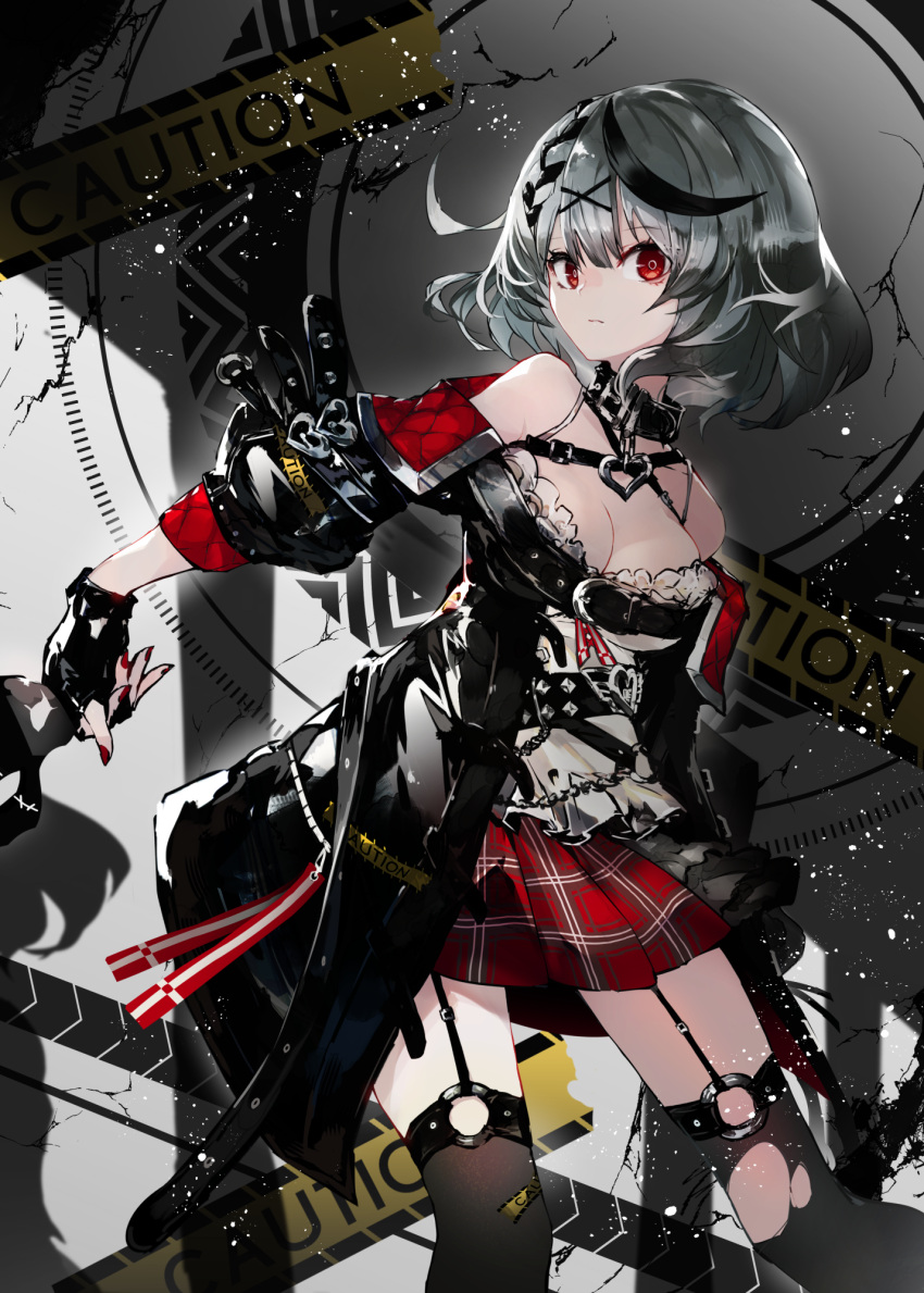 1girl bangs black_collar black_gloves black_hair black_jacket black_thighhighs braid breasts cleavage closed_mouth collar feet_out_of_frame garter_straps gloves grey_hair hair_ornament highres hololive jacket kusakanmuri long_sleeves looking_at_viewer medium_breasts multicolored_hair nail_polish off_shoulder open_clothes open_jacket plaid plaid_skirt pleated_skirt red_eyes red_nails red_skirt sakamata_chloe shirt short_hair skirt solo streaked_hair thighhighs virtual_youtuber white_shirt x_hair_ornament