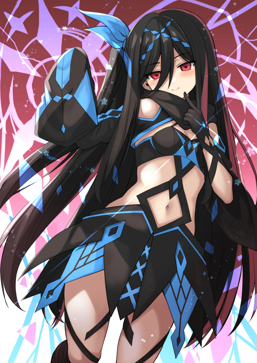 1girl bandaged_leg bandages bangs bare_shoulders black_hair black_scarf black_skirt blue_hairband blue_ribbon blush breasts cleavage closed_mouth clothing_cutout commentary_request eyes_visible_through_hair finger_to_cheek hair_between_eyes hair_ribbon hairband hand_up head_tilt highres index_finger_raised long_hair long_sleeves looking_at_viewer mahcdai navel original red_eyes revealing_clothes ribbon scarf shoulder_cutout shrug_(clothing) side_ponytail sidelocks skirt sleeves_past_fingers sleeves_past_wrists small_breasts smile solo standing standing_on_one_leg straight_hair very_long_hair