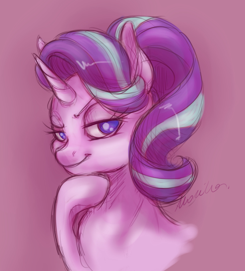 2020 blue_eyes buttersprinkle digital_media_(artwork) equid equine eyelashes female feral friendship_is_magic grin hair half-closed_eyes hasbro hi_res horn mammal my_little_pony narrowed_eyes pink_body purple_hair simple_background smile solo starlight_glimmer_(mlp) unicorn unicorn_horn