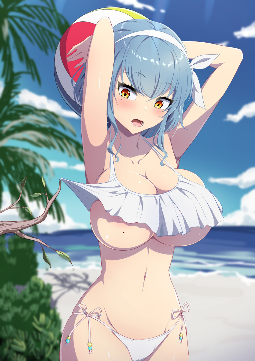 1girl absurdres accidental_exposure armpits arms_up ball bangs beach beachball bikini bikini_lift blue_hair blue_sky blush branch breast_slip breasts clothes_lift cloud day frilled_bikini frills hairband highres holding holding_ball large_breasts mole mole_on_breast mole_under_eye navel ocean open_mouth orange_eyes original outdoors palm_tree sakamata short_hair side-tie_bikini sky solo stomach string_bikini swimsuit tree water white_bikini white_hairband