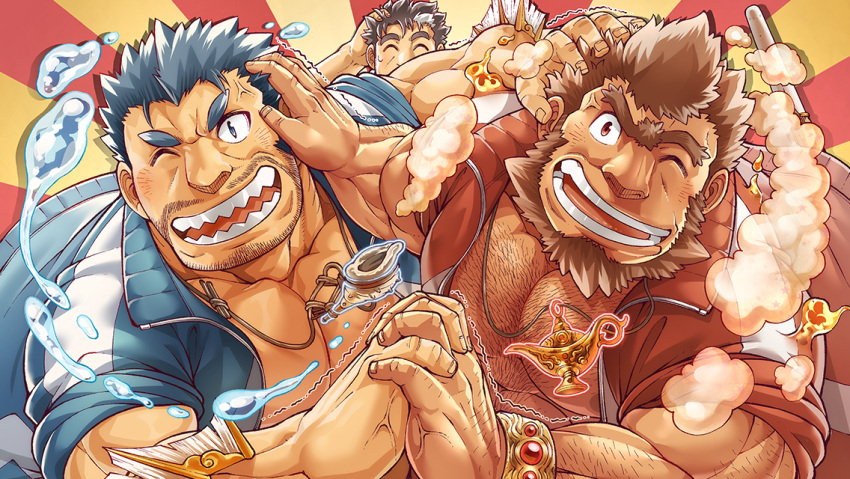 anger_vein bangle bara beard blue_eyes blue_hair blue_jacket bombom bracelet brown_hair chest_hair closed_eyes commentary_request facial_hair fins fire fish_boy hairy hand_on_another's_head holding_hands jacket jewelry jinn_(housamo) large_pectorals male_focus mature_male mononobe_kyoma multicolored_hair muscular muscular_male necklace nipples official_art oil_lamp okusu_(oaks16) one_eye_closed open_clothes open_jacket open_mouth partial_commentary pectorals red_eyes red_jacket sharp_teeth shell_necklace simple_background smile steam streaked_hair stubble teeth third-party_source tokyo_afterschool_summoners track_jacket triton_(housamo) unibrow veins water white_hair
