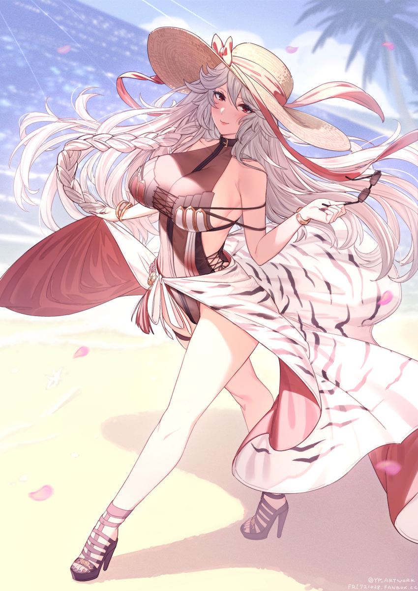 1girl bare_shoulders beach between_breasts blush bracelet braid breasts commentary_request day eyewear_removed full_body granblue_fantasy hat hat_ribbon high_heels highres holding holding_eyewear jewelry long_hair looking_at_viewer magisa_(granblue_fantasy) outdoors palm_tree red_eyes ribbon sarong smile solo straw_hat sunglasses sunlight thigh_strap tree very_long_hair walking water white_hair yellowpaint.