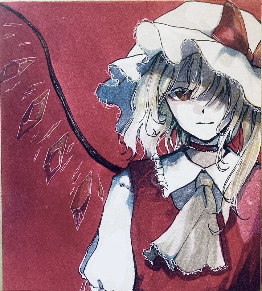 1girl absurdres ascot bangs blonde_hair bow brown_eyes choker crystal flandre_scarlet frilled_choker frills hair_over_one_eye hat hat_bow highres looking_at_viewer medium_hair mob_cap one_side_up red_background red_bow red_vest shirt solo t_terano touhou traditional_media upper_body vest white_headwear white_shirt wings yellow_ascot