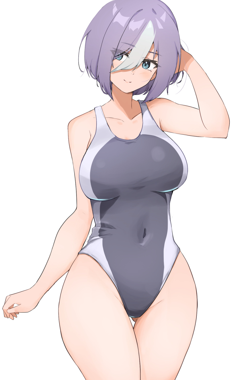 1girl arm_behind_head ass_visible_through_thighs blue_eyes breasts competition_swimsuit covered_navel grey_swimsuit highleg highres large_breasts multicolored_hair one-piece_swimsuit original purple_hair short_hair solo standing streaked_hair swimsuit thighs two-tone_hair white_hair yuo6312