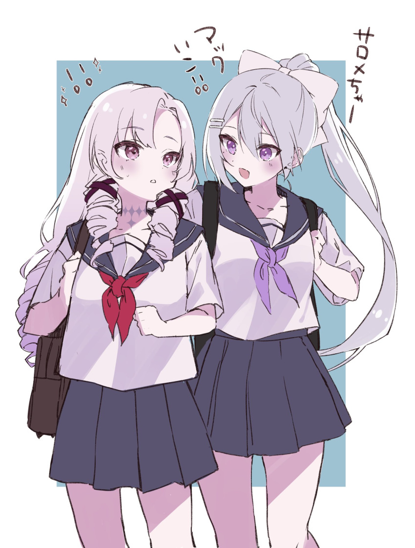 2girls :d bag blue_sailor_collar blue_skirt bow collarbone commentary_request drill_hair grey_hair hair_bow hair_ornament hairclip highres higuchi_kaede hyakumantenbara_salome ia_1928 long_hair multiple_girls neckerchief nijisanji pleated_skirt ponytail purple_eyes purple_hair purple_neckerchief red_neckerchief sailor_collar school_bag school_uniform serafuku short_sleeves skirt smile translation_request white_bow