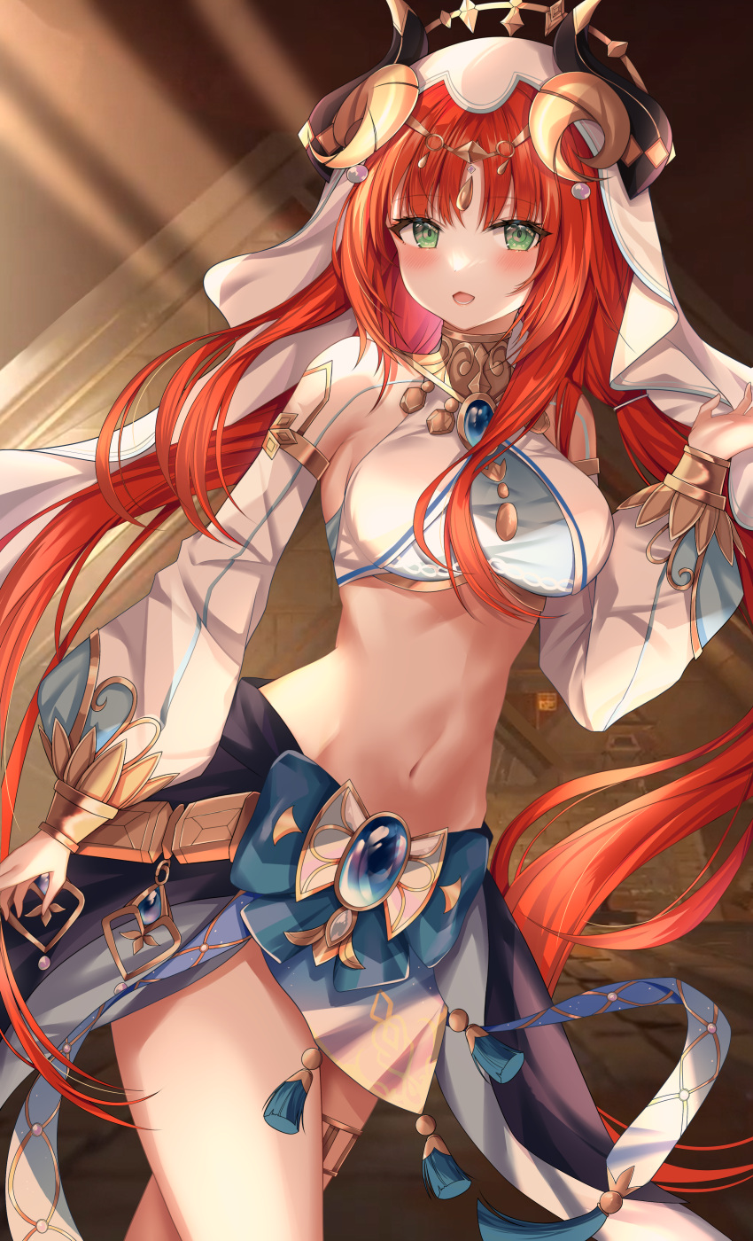 1girl absurdres bangs bare_shoulders blue_skirt blush breasts brooch commentary cowboy_shot crop_top genshin_impact green_eyes groin hand_up highres horns jewelry large_breasts long_hair long_sleeves looking_at_viewer midriff navel nilou_(genshin_impact) open_mouth red_hair sachiko_nya skirt solo standing stomach thighlet thighs veil very_long_hair