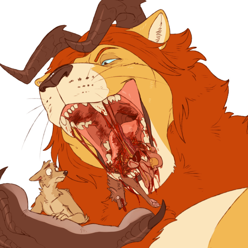 1:1 anthro blood blood_in_mouth blood_string bodily_fluids brown_body brown_claws brown_eyebrows brown_fur brown_horn brown_nose canid claws death ears_back eyebrows fur glistening glistening_nose gore group guts hard_vore horn imminent_oral_vore imminent_vore imperatorcaesar male mammal mane open_mouth oral_vore orange_mane organs pivoted_ears tan_body tan_fur trio unsigned vore whiskers yellow_body yellow_ears yellow_fur