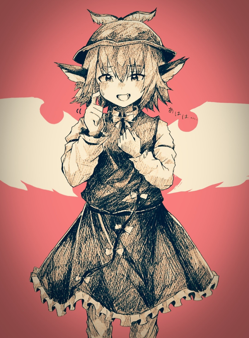 1girl animal_ears bird_ears bird_wings blush dress feet_out_of_frame frilled_dress frills hair_between_eyes hakurou_hokuto hat highres long_sleeves monochrome motion_lines mystia_lorelei open_mouth red_background short_hair solo touhou winged_hat wings