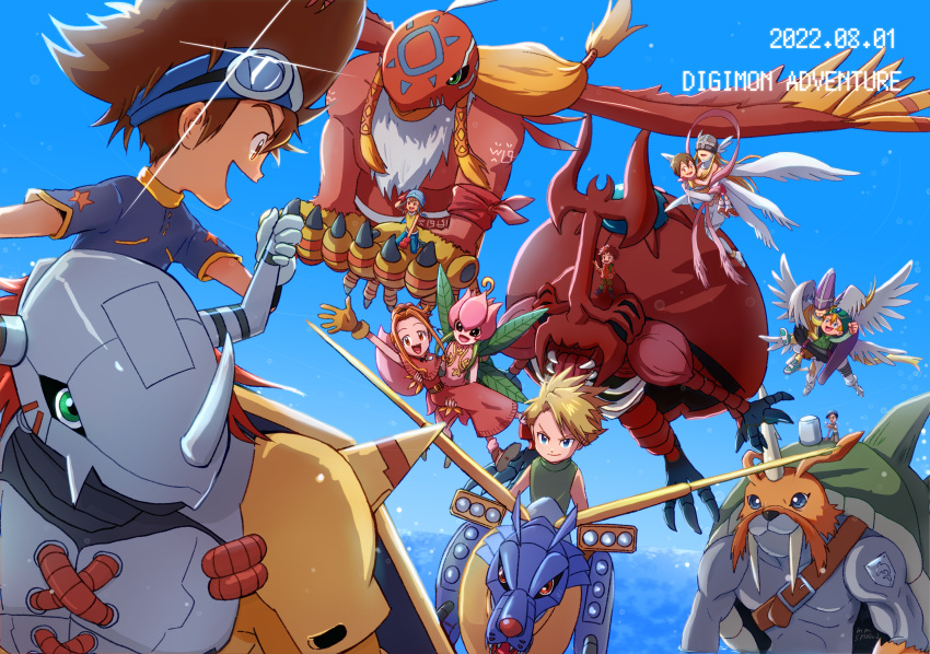 2022 3girls 4boys :d angewomon anklet arm_up atlurkabuterimon blonde_hair blue_eyes blue_pants blue_shirt blue_sky brown_eyes brown_gloves brown_hair brown_pants closed_mouth copyright_name dated digimon digimon_adventure dress garudamon gloves goggles goggles_on_head green_sweater hair_intakes helmet highres holyangemon ishida_yamato izumi_koushirou jewelry kido_jou lillymon long_dress long_hair metalgarurumon mmsnowf2 multiple_boys multiple_girls multiple_wings pants pink_headwear profile red_dress red_gloves shirt short_hair short_sleeves sky sleeveless sleeveless_sweater smile spiked_hair star_(symbol) star_print sweater tachikawa_mimi takaishi_takeru takenouchi_sora wargreymon white_wings wings yagami_hikari yagami_taichi yellow_sweater zudomon