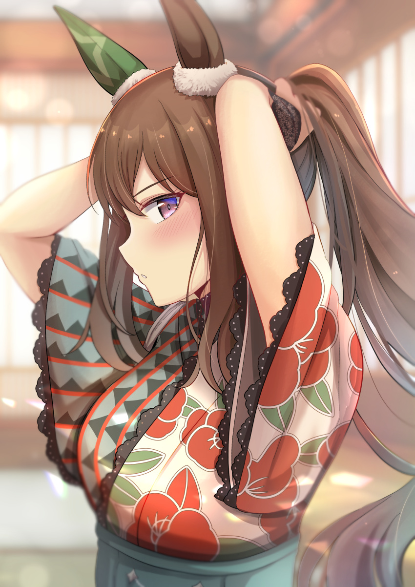 adjusting_hair admire_vega_(umamusume) animal_ears arms_up blurry blurry_background blurry_foreground blush breasts commentary_request hair_between_eyes hair_ornament highres horse_ears horse_girl japanese_clothes kimono looking_at_viewer medium_breasts ponytail portrait purple_eyes rrtp umamusume yukata