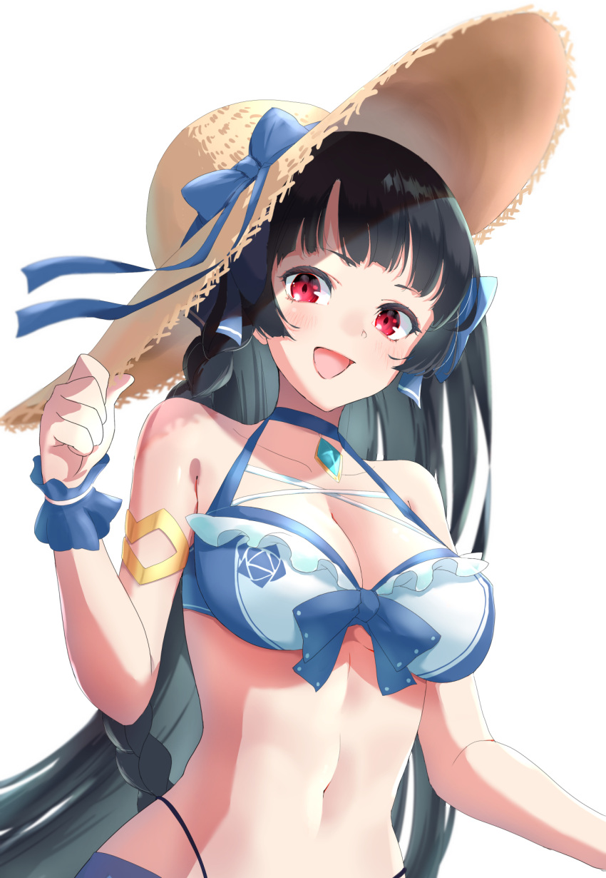 1girl bangs bare_shoulders bikini black_hair blunt_bangs bow bow_bikini braid breasts brooch choker cleavage collarbone epic_seven halter_top halterneck hat highleg highleg_bikini highres holding holding_clothes holding_hat jewelry karin_(epic_seven) large_breasts long_hair looking_at_viewer navel open_mouth red_eyes riroi simple_background smile solo straw_hat sun_hat swimsuit upper_body very_long_hair white_background