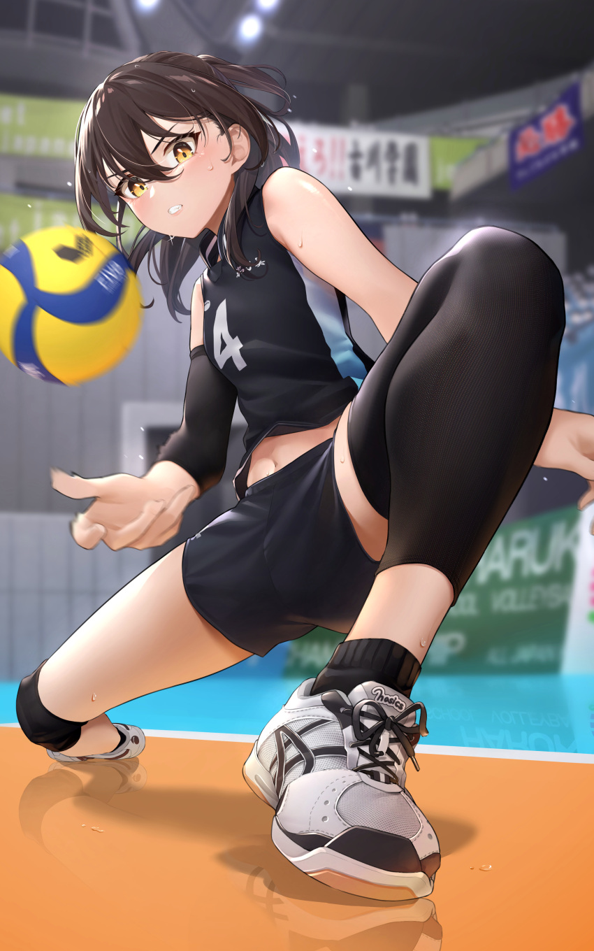 1girl absurdres ad blush breasts brown_hair commentary_request elbow_sleeve gym highres knee_pads lights midriff_peek motion_blur navel original playing_sports reflective_floor shoes short_hair short_ponytail short_shorts shorts small_breasts socks sportswear squatting sweatdrop teeth thighs vegetablenabe volleyball volleyball_uniform yellow_eyes