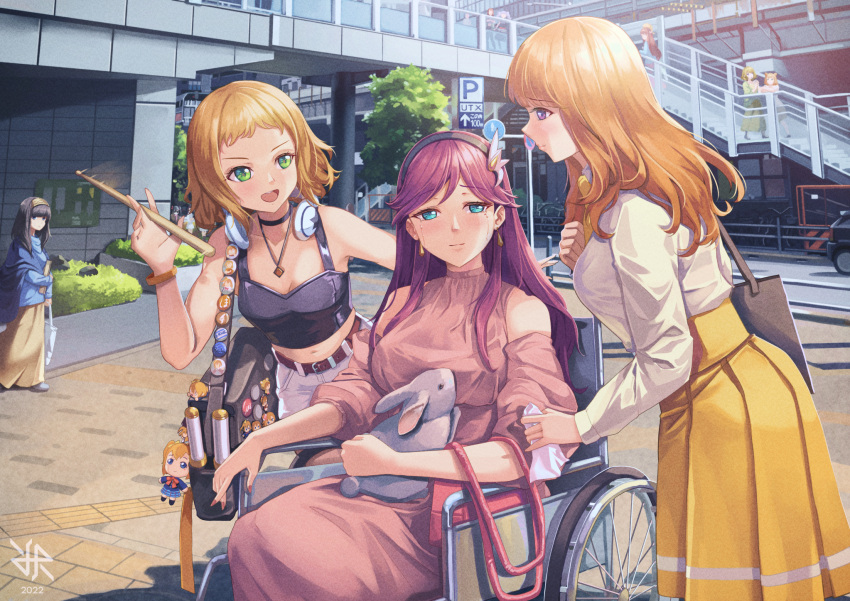 6+girls a-rise artist_logo bag bangs breasts brown_hair building bush choker cleavage commentary crying crying_with_eyes_open drumsticks earrings green_eyes hairband headphones headphones_around_neck highres hiroki_ree holding holding_drumsticks jewelry kira_tsubasa long_hair love_live! love_live!_school_idol_project medium_breasts midriff mole mole_under_eye multiple_girls navel necklace purple_eyes purple_hair rabbit road_sign short_hair shoulder_bag sidelocks sign sitting small_breasts stairs tears toudou_erena tree wheelchair yuuki_anju