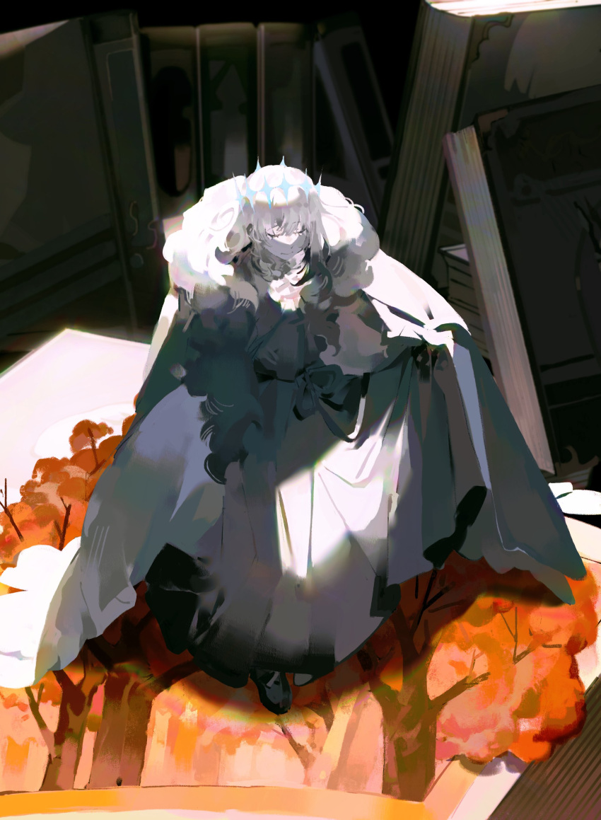 1boy absurdres bangs chinese_commentary cloak closed_eyes closed_mouth commentary_request crown diamond_hairband expressionless fate/grand_order fate_(series) full_body fur-trimmed_cloak fur_trim grey_hair highres long_sleeves male_focus medium_hair no_wings oberon_(fate) official_alternate_costume solo tancang531 white_cloak white_fur white_hair