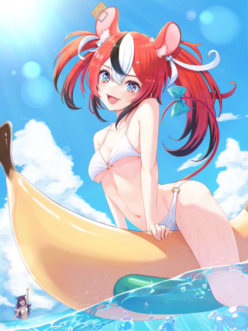 2girls :d animal_ear_fluff animal_ears arched_back asymmetrical_hair banana_boat bangs bikini black_hair blue_eyes blue_sky bow breasts cloud collarbone day dice dice_hair_ornament fang hair_between_eyes hair_ornament hakos_baelz head_tilt highres hololive hololive_english irys_(hololive) izu_(tea_value_lord) lens_flare medium_breasts mouse_ears mouse_girl mouse_tail mousetrap multicolored_hair multiple_girls navel open_mouth outdoors red_hair red_tail riding sky smile solo_focus stomach straddling streaked_hair swimsuit tail tail_bow tail_ornament twintails underboob virtual_youtuber water wet white_bikini white_hair