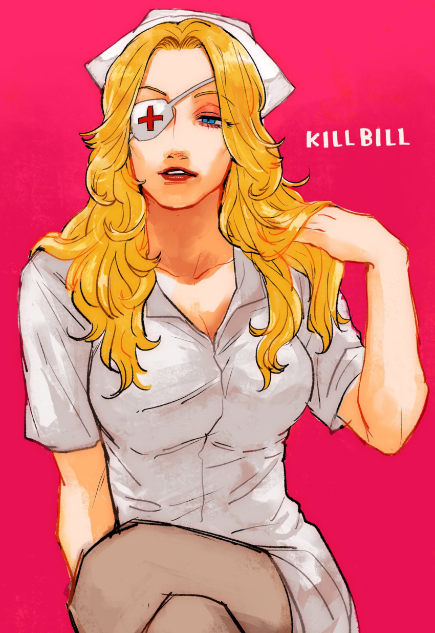 1girl bangs blonde_hair blue_eyes breasts cleavage crossed_legs elle_driver eyepatch hair_over_shoulder hand_in_own_hair hat highres kill_bill large_breasts long_hair looking_to_the_side ma2_ereki nurse nurse_cap pantyhose parted_bangs parted_lips pink_background shirt short_sleeves solo upper_body wavy_hair white_shirt