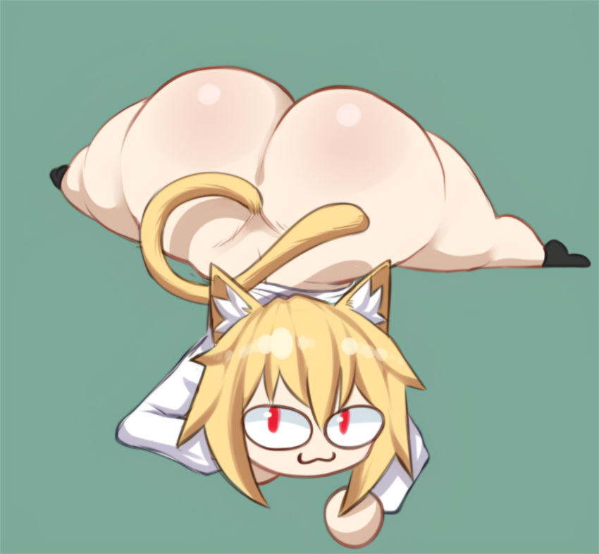 :3 animal_humanoid big_butt blonde_hair bottomless butt cat_humanoid clothed clothing digital_drawing_(artwork) digital_media_(artwork) dipx felid felid_humanoid feline feline_humanoid felis female hair hi_res humanoid inner_ear_fluff looking_at_viewer mammal mammal_humanoid neco-arc simple_background smile solo tuft