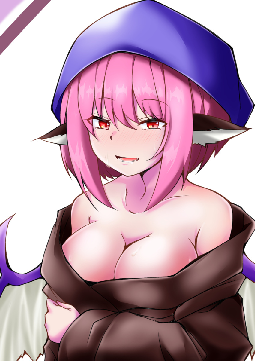 1girl animal_ears bird_ears bird_wings blush breasts cleavage collarbone hair_between_eyes head_scarf highres japanese_clothes large_breasts long_sleeves mystia_lorelei okamisty open_mouth pink_hair red_eyes short_hair simple_background solo sunaguma touhou upper_body white_background white_wings wide_sleeves wings