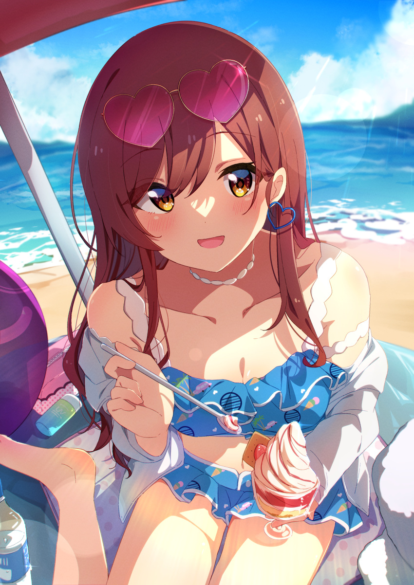 1girl absurdres beach bikini blue_bikini blush breasts brown_hair cleavage clothes_pull collarbone comiket_100 debi_tarou earrings eyewear_on_head frilled_bikini frills heart heart-shaped_eyewear heart_earrings highres idolmaster idolmaster_shiny_colors incoming_food jewelry lens_flare long_hair looking_at_viewer lotion mat navel osaki_amana outdoors parasol parfait reikakrzk shirt shirt_pull solo straight_hair sunscreen swimsuit tinted_eyewear umbrella very_long_hair white_shirt white_towel yellow_eyes