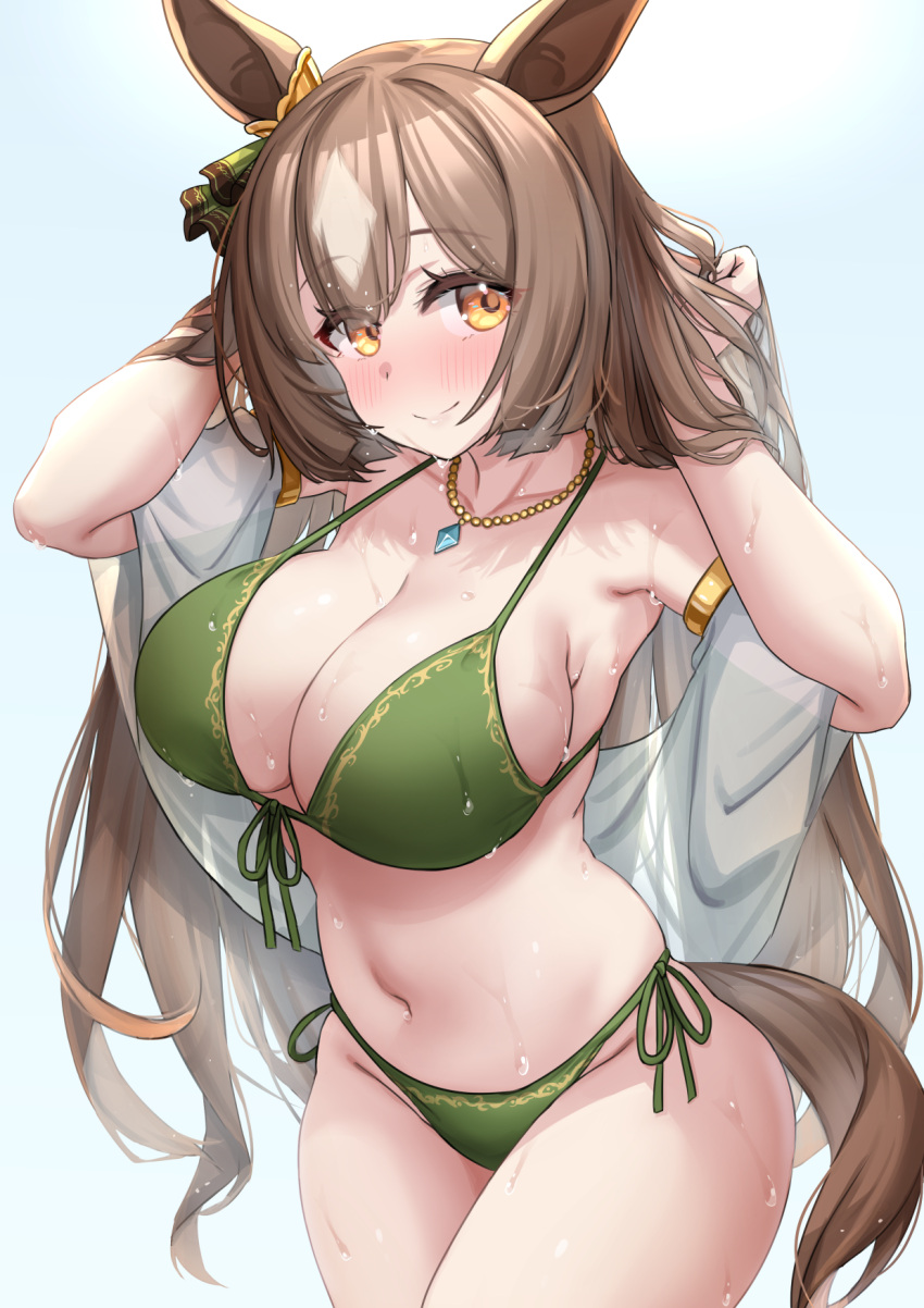 1girl animal_ears armlet bangs bare_shoulders bikini blush breasts brown_hair commentary_request cowboy_shot detached_sleeves front-tie_bikini front-tie_top green_bikini groin hands_up highres horse_ears jewelry kibihimi large_breasts long_hair looking_at_viewer navel necklace partial_commentary satono_diamond_(umamusume) side-tie_bikini smile solo standing stomach swimsuit tail thighs umamusume very_long_hair yellow_eyes