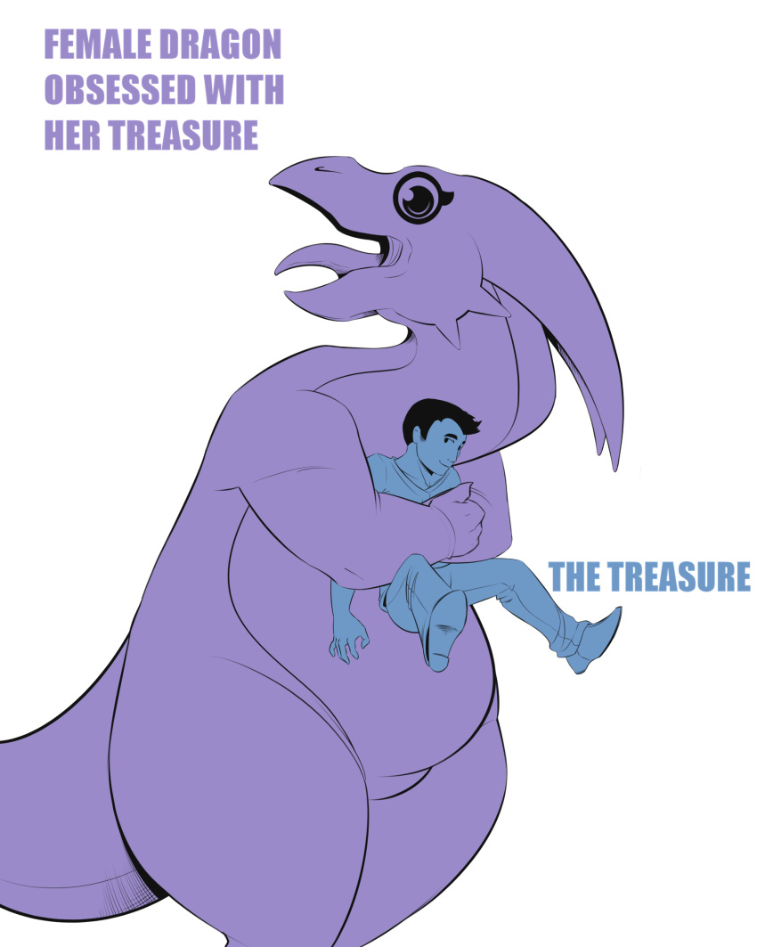 4:5 absurd_res anthro big_eyes black_hair claws clothing dragon duo embrace english_text fantasy000 female hair hi_res horn hug human larger_female male mammal open_mouth scalie simple_background size_difference smile text thick_tail thick_thighs tongue