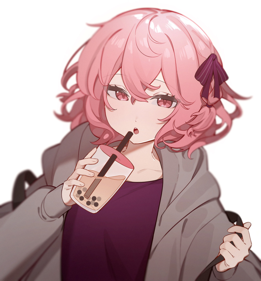 1girl :o absurdres backpack bag bangs blurry bow bubble_tea collarbone crossed_bangs cup curly_hair depth_of_field dot_nose drinking_straw grey_hoodie hair_between_eyes hair_bow highres holding holding_cup holding_strap hood hood_down hoodie looking_at_viewer medium_hair niconico nqrse nyannyan_321 parted_lips pink_eyes pink_hair purple_bow purple_shirt shirt simple_background solo teeth upper_teeth utaite_(singer) white_background