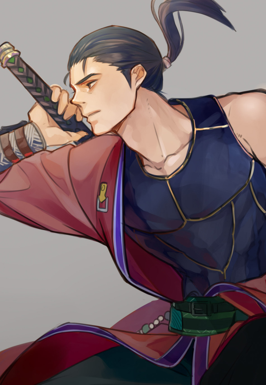1boy arm_guards auron bare_shoulders black_hair blue_shirt collarbone cowboy_shot final_fantasy final_fantasy_x gold_trim grey_background hadanugi_dousa hair_pulled_back highres holding holding_sword holding_weapon japanese_clothes kimono long_hair looking_to_the_side male_focus nini_tw99 over_shoulder ponytail red_kimono shirt sleeveless sleeveless_shirt solo sword weapon weapon_over_shoulder younger