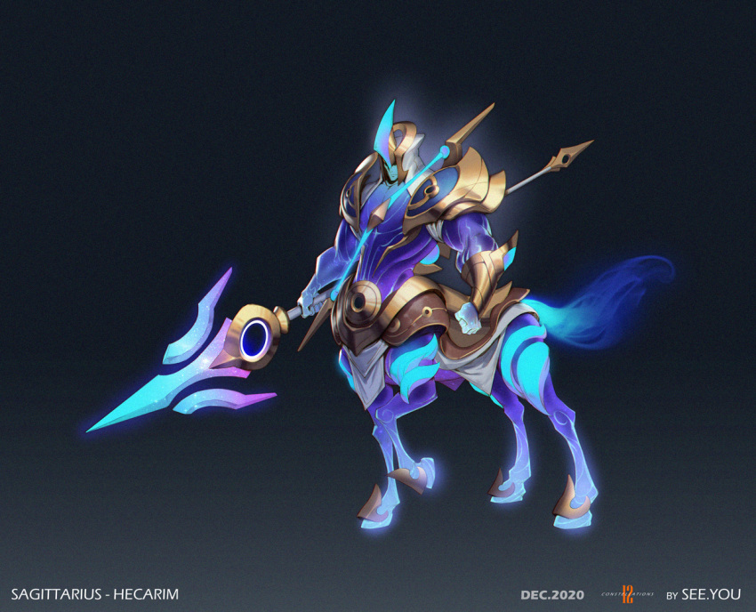 1boy alternate_costume armor artist_name black_background bow_(weapon) centaur character_name clenched_hand colored_skin gradient gradient_background green_skin grey_background hecarim holding holding_polearm holding_weapon hooves lance league_of_legends no_shirt polearm purple_skin sagittarius see_you shoulder_armor solo taur weapon