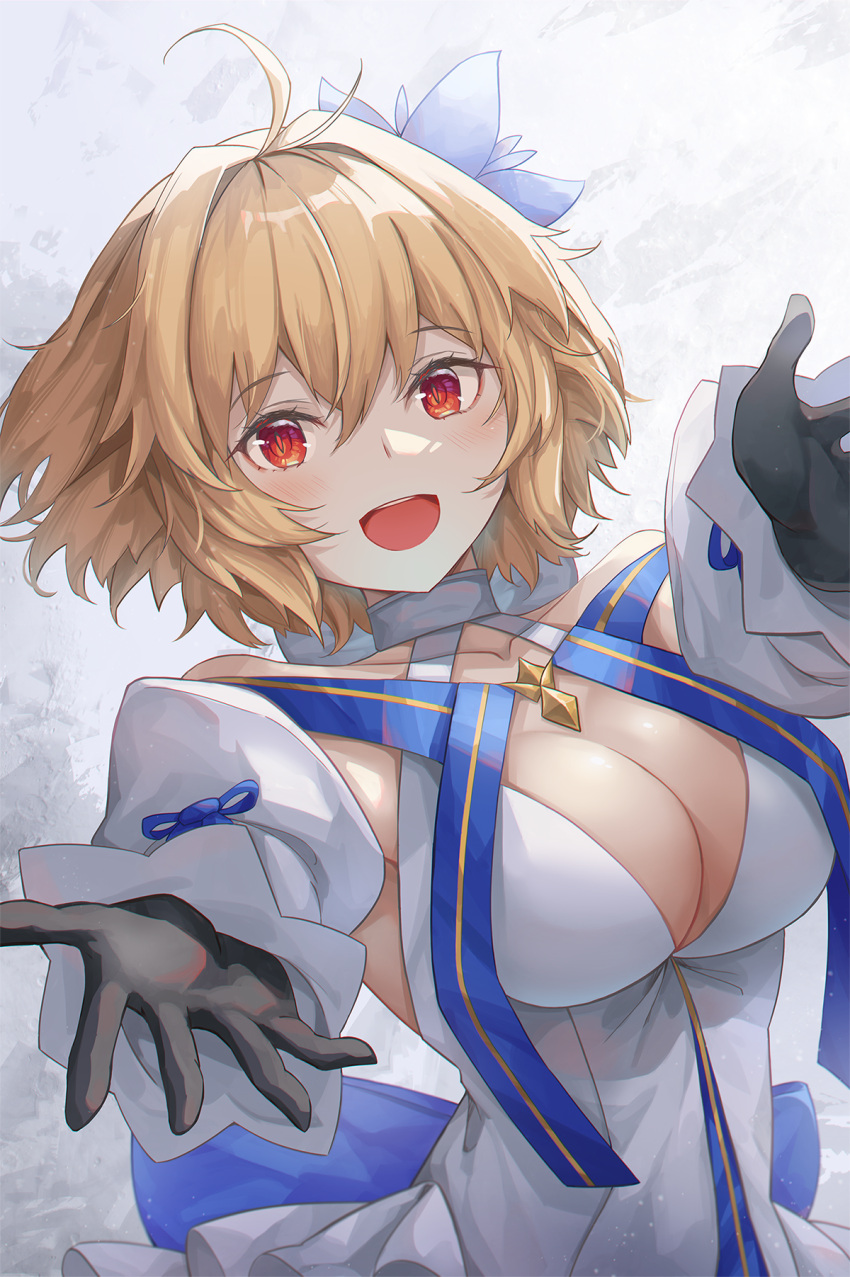 1girl antenna_hair archetype_earth arcueid_brunestud back_bow bangs black_gloves blonde_hair blue_bow blush bow breasts cleavage commentary detached_sleeves dress english_commentary fate/grand_order fate_(series) flower gloves hair_between_eyes hair_flower hair_intakes hair_ornament highres jiang_shennong large_breasts open_mouth outstretched_arms reaching_out red_eyes short_hair smile solo teeth tsukihime tsukihime_(remake) upper_body upper_teeth white_dress white_flower white_sleeves