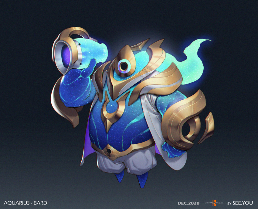 1boy alternate_costume aquarius artist_name bard_(league_of_legends) black_background blue_skin character_name colored_skin facing_viewer gradient gradient_background green_hair grey_background grey_jacket grey_pants holding jacket league_of_legends long_hair male_focus open_clothes open_jacket pants see_you short_sleeves solo space_print starry_sky_print vase